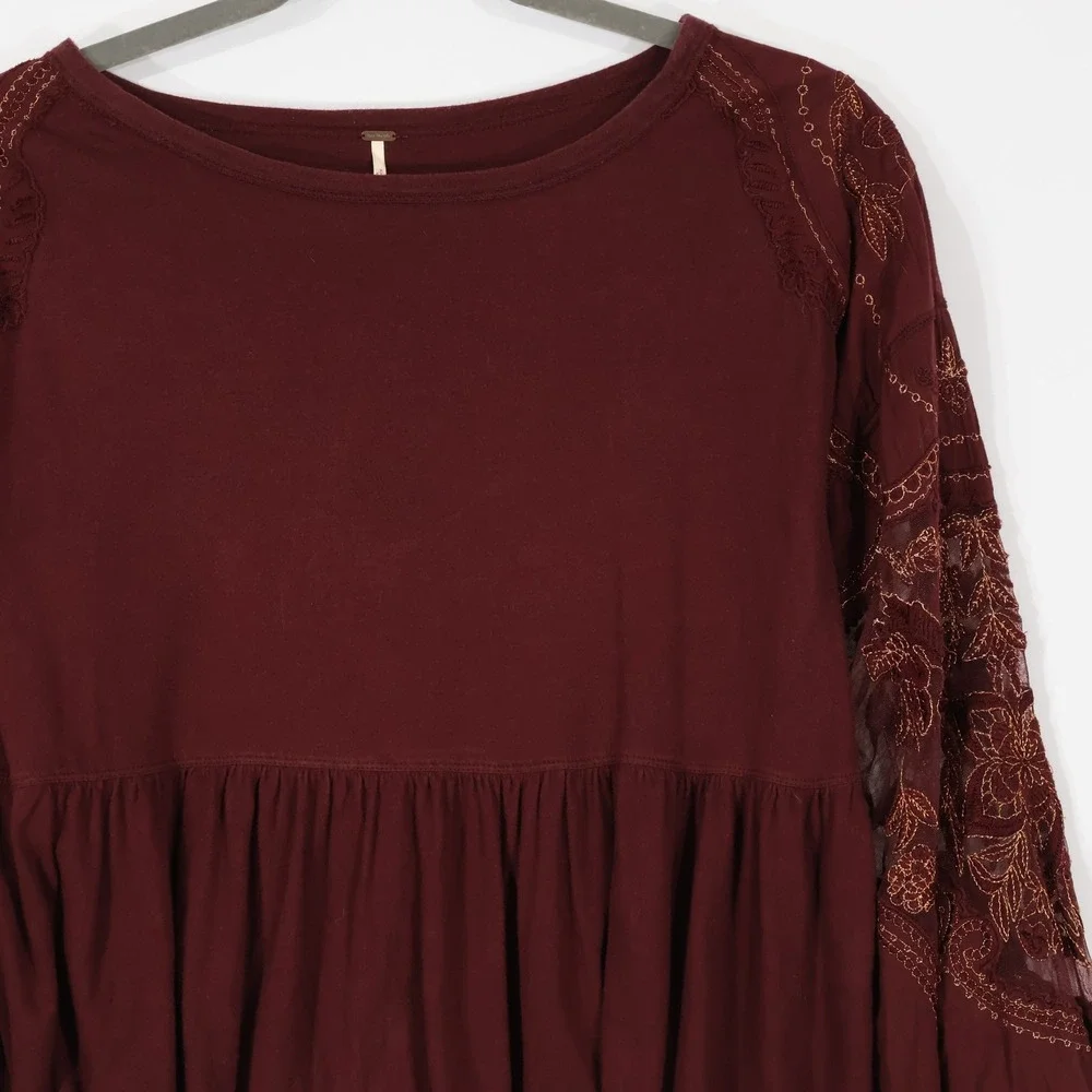 Free People Embroidered Mesh Sleeve Top Women Small Maroon Boho Babydoll